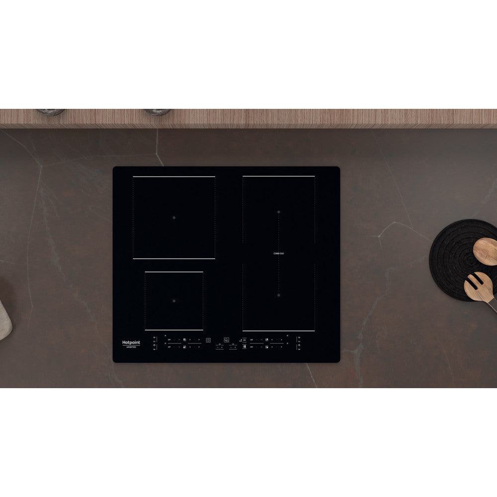 Plaque induction HOTPOINT HB4860BNE : 4 foyers dont 1 zone Combi Duo, My Menu et 4 boosters