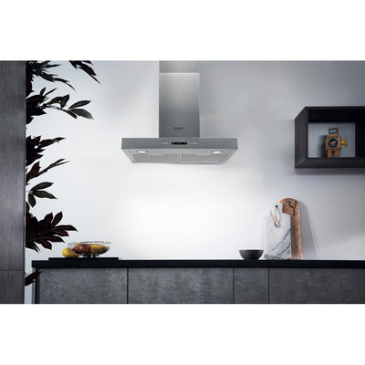 Hotte décorative murale HOTPOINT HHBS67FLLX : 60 cm inox, 432 m³/h, booster temporisé et 3 vitesses + silence