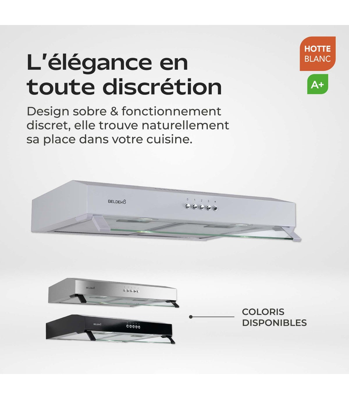 Hotte casquette BELDEKO RIVAGE ECO 60 WH : Visière blanche 60 cm, moteur Brushless classe A+, 201 m³/h et 43 kWh/an