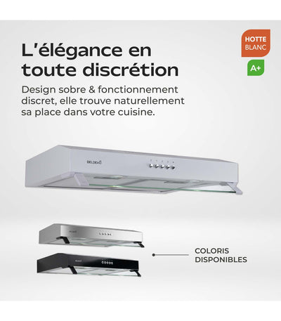 Hotte casquette BELDEKO RIVAGE ECO 60 WH : Visière blanche 60 cm, moteur Brushless classe A+, 201 m³/h et 43 kWh/an