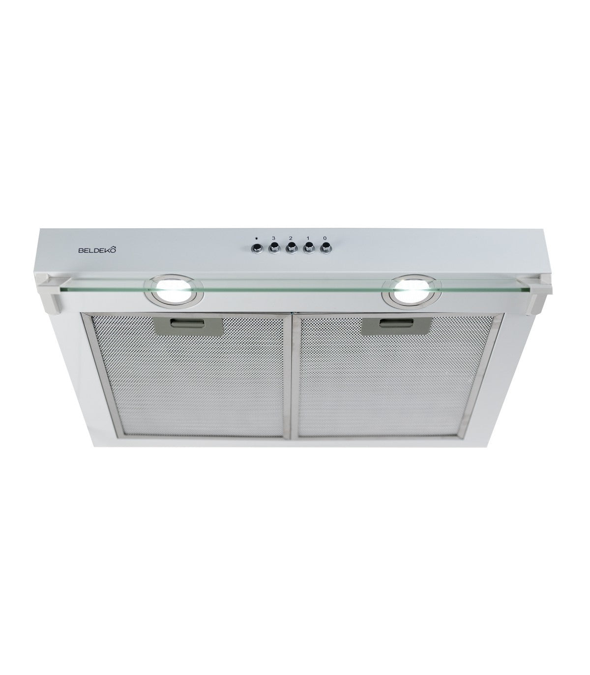 Hotte casquette BELDEKO RIVAGE ECO 60 WH : Visière blanche 60 cm, moteur Brushless classe A+, 201 m³/h et 43 kWh/an