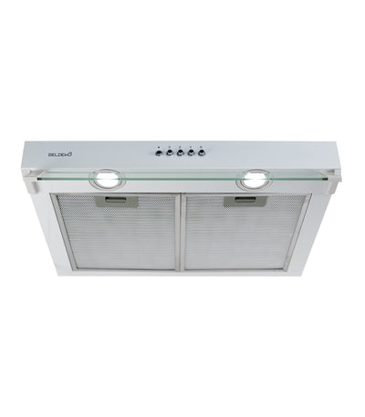 Hotte casquette BELDEKO RIVAGE ECO 60 WH : Visière blanche 60 cm, moteur Brushless classe A+, 201 m³/h et 43 kWh/an