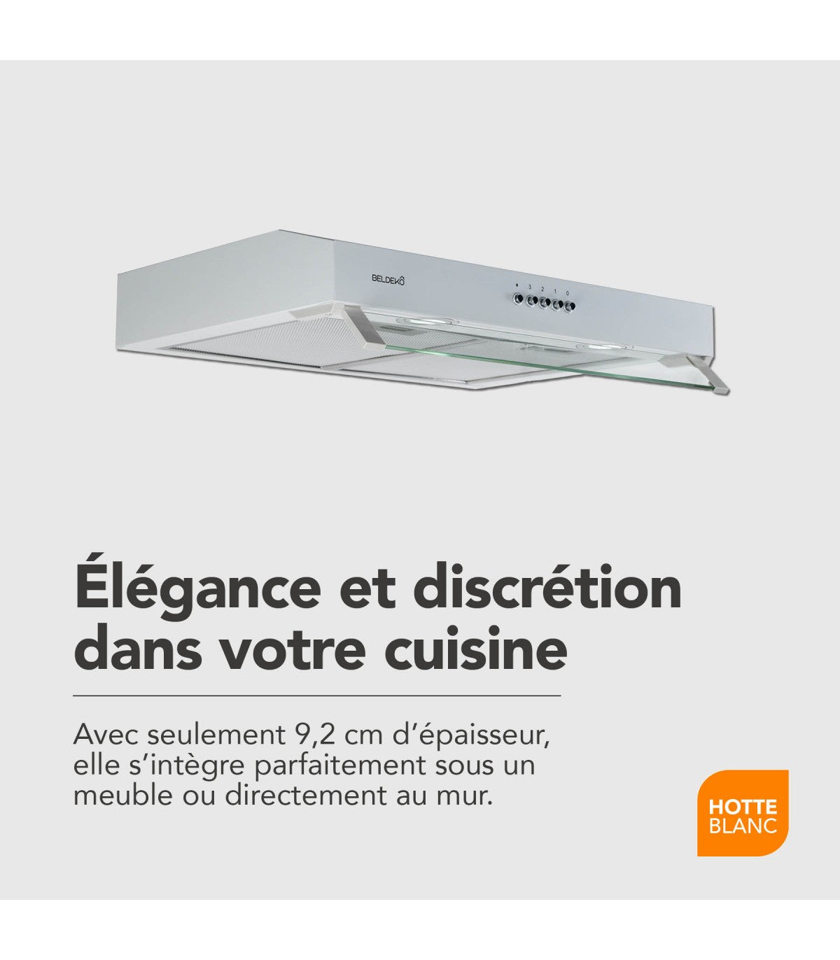 Hotte casquette BELDEKO RIVAGE 60 WH : Visière blanche 60 cm extra-plate 93 mm, 210 m³/h, 3 vitesses et éclairage LED