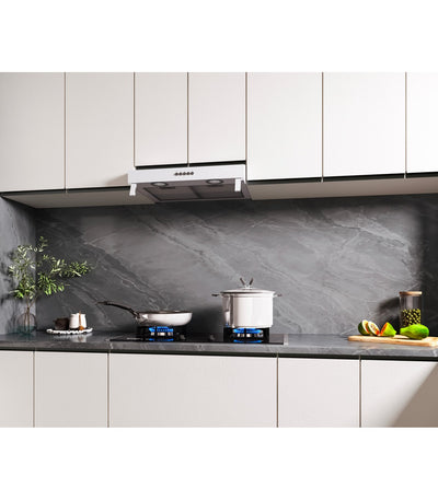 Hotte casquette BELDEKO RIVAGE 60 WH : Visière blanche 60 cm extra-plate 93 mm, 210 m³/h, 3 vitesses et éclairage LED