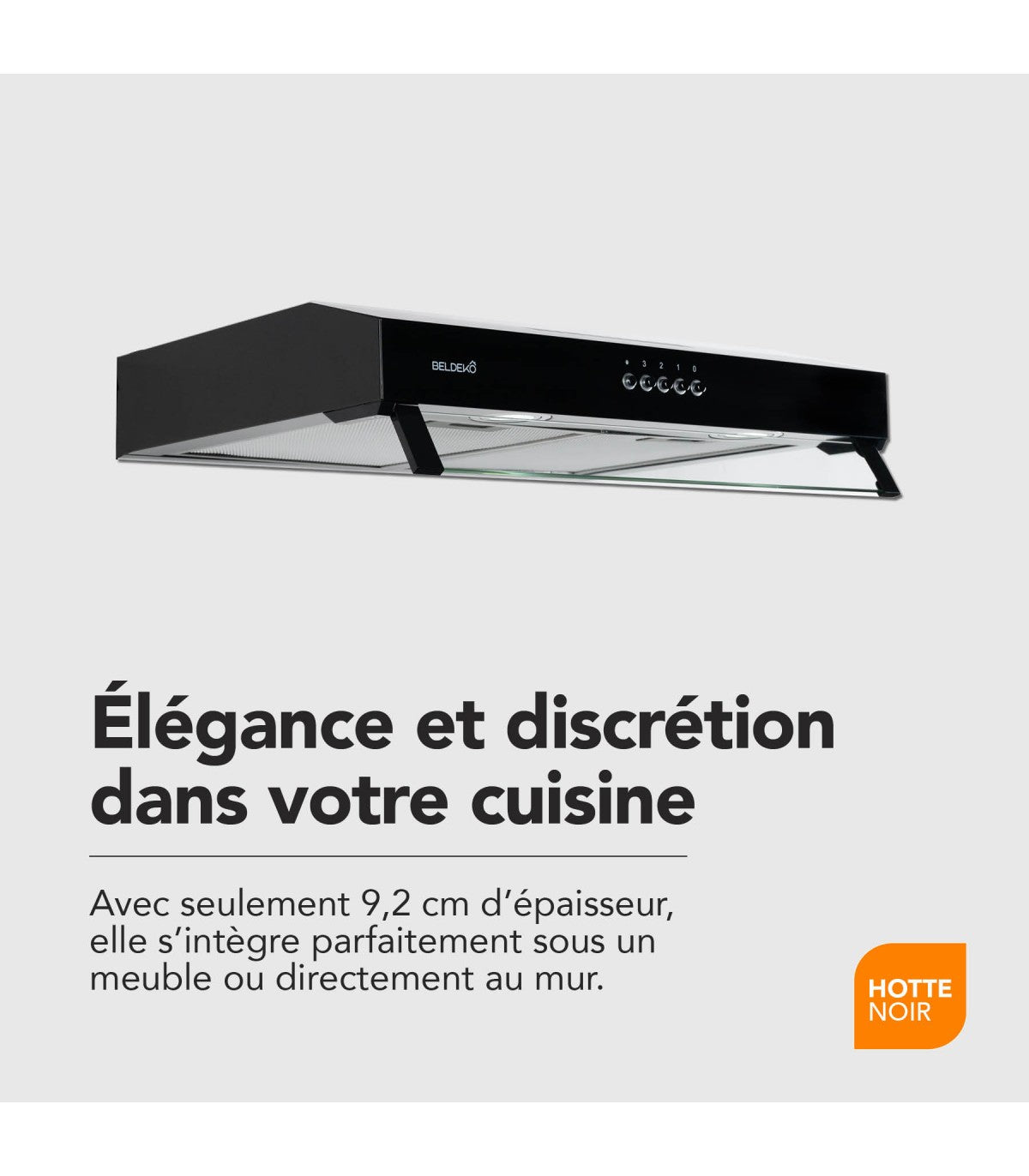 Hotte casquette BELDEKO RIVAGE 60 BK : Visière noire 60 cm extra-plate 93 mm, 210 m³/h, 3 vitesses et éclairage LED