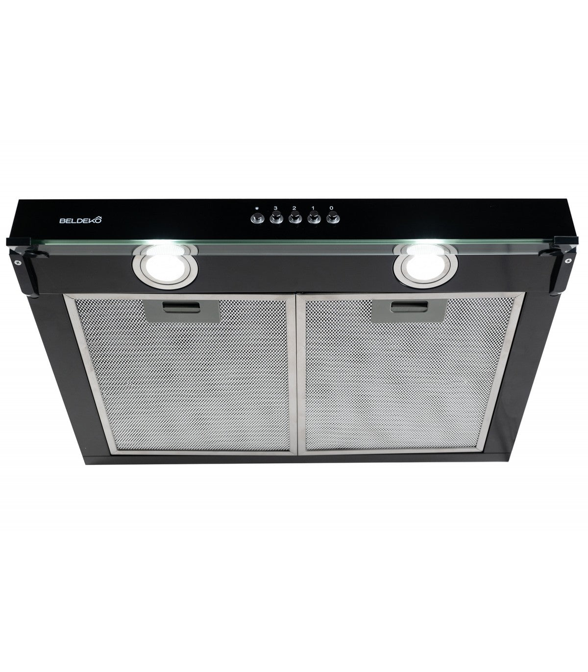 Hotte casquette BELDEKO RIVAGE 60 BK : Visière noire 60 cm extra-plate 93 mm, 210 m³/h, 3 vitesses et éclairage LED