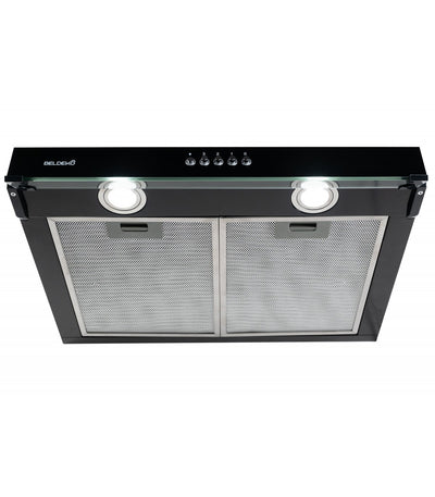 Hotte casquette BELDEKO RIVAGE 60 BK : Visière noire 60 cm extra-plate 93 mm, 210 m³/h, 3 vitesses et éclairage LED