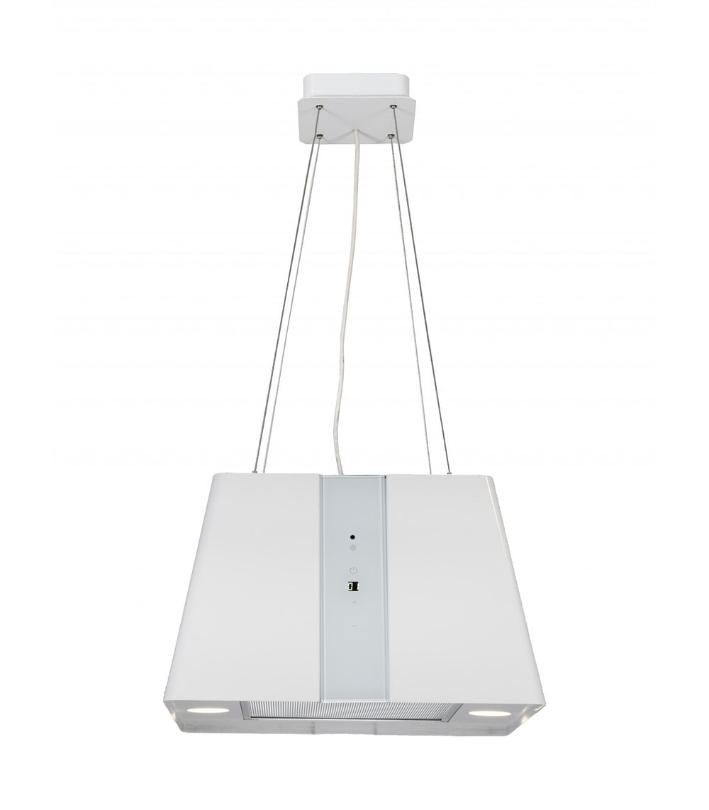 Hotte îlot carrée blanche 45 cm suspendue, 720 m³/h, touches tactiles, cuisine contemporaine