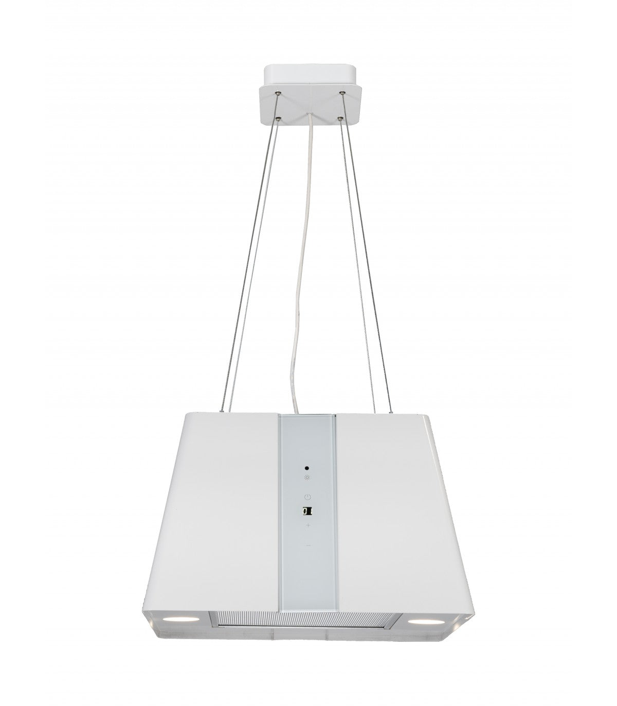 Hotte îlot carrée blanche 45 cm suspendue, 720 m³/h, touches tactiles, cuisine contemporaine