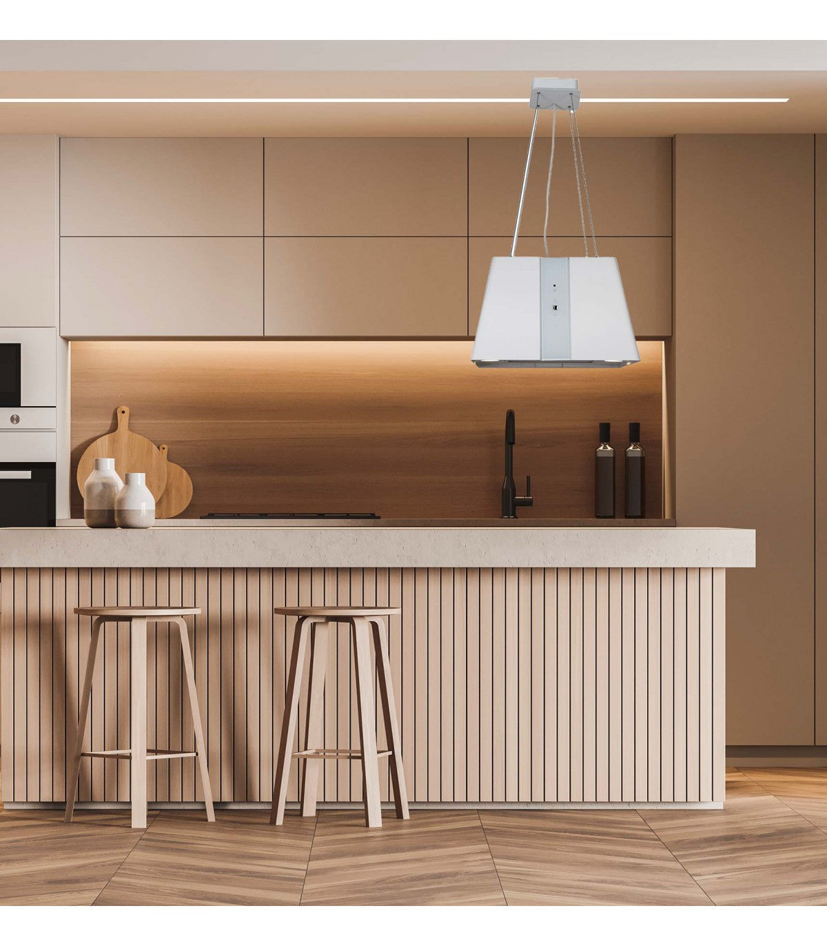 Hotte îlot BELDEKO APODIS WH : Carrée suspendue blanche 45 cm, 720 m³/h, 4 vitesses, touches tactiles et télécommande