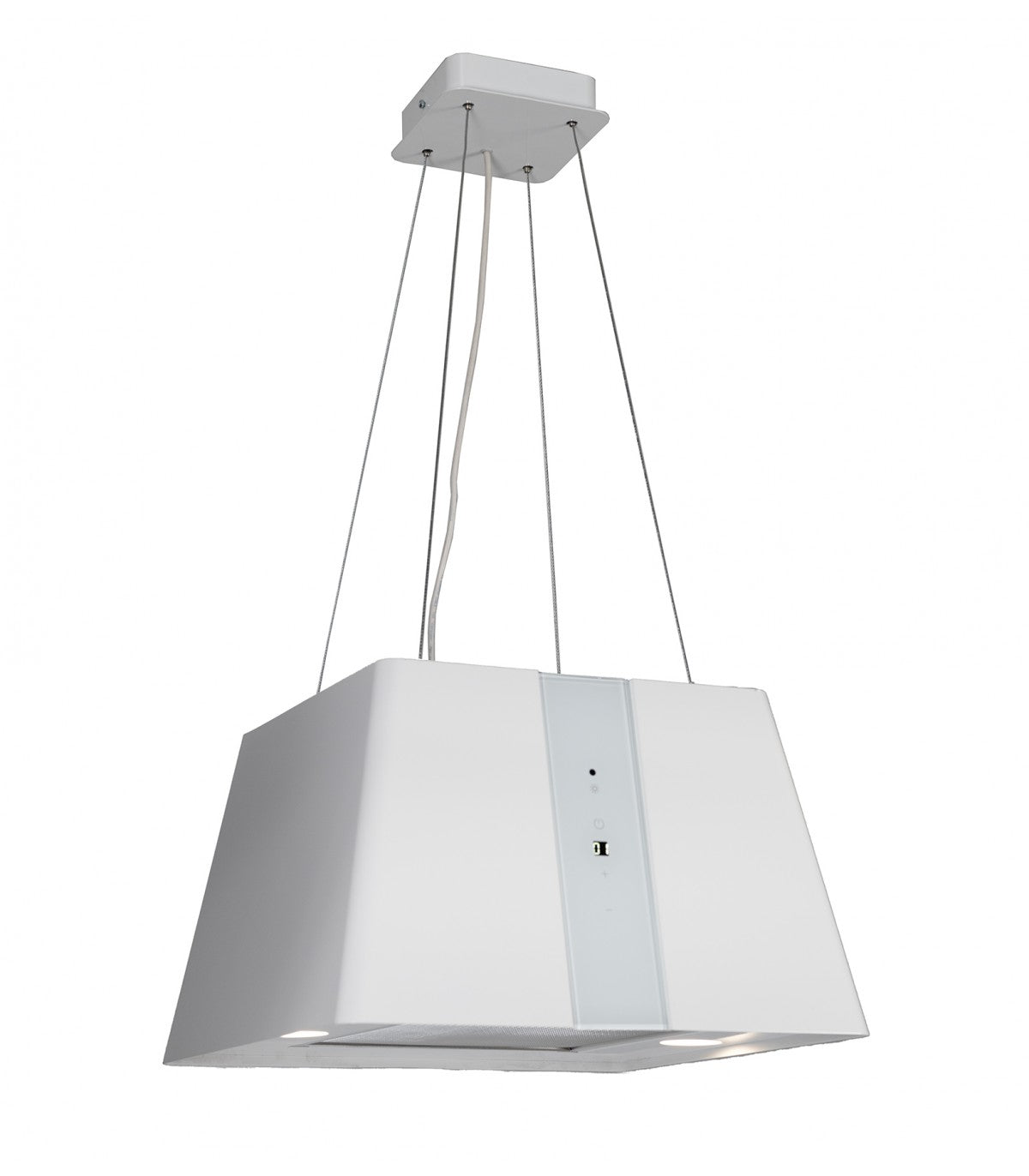 Hotte îlot BELDEKO APODIS WH : Carrée suspendue blanche 45 cm, 720 m³/h, 4 vitesses, touches tactiles et télécommande