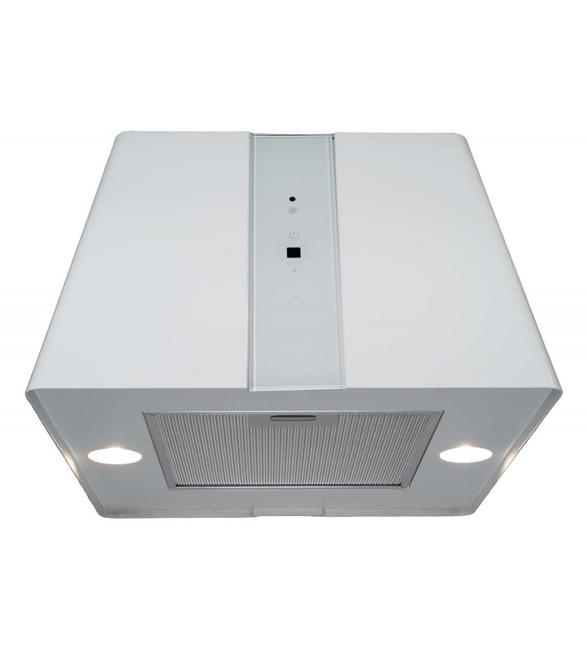 Hotte îlot BELDEKO APODIS WH : Carrée suspendue blanche 45 cm, 720 m³/h, 4 vitesses, touches tactiles et télécommande