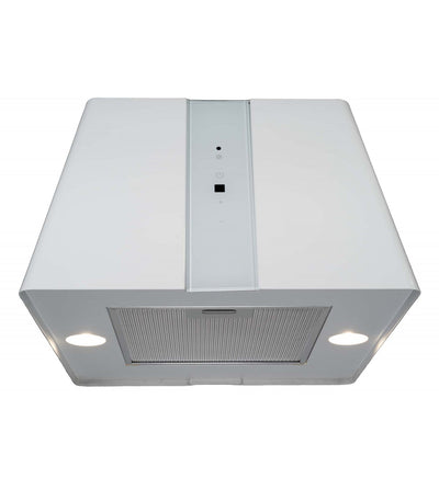 Hotte îlot BELDEKO APODIS WH : Carrée suspendue blanche 45 cm, 720 m³/h, 4 vitesses, touches tactiles et télécommande