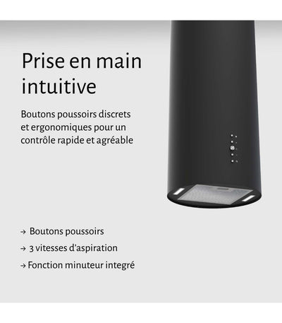 Hotte murale cylindre BELDEKO SPIRO BK : Ronde noir 60 cm, 581 m³/h, fonction turbo et 2 filtres à charbon fournis