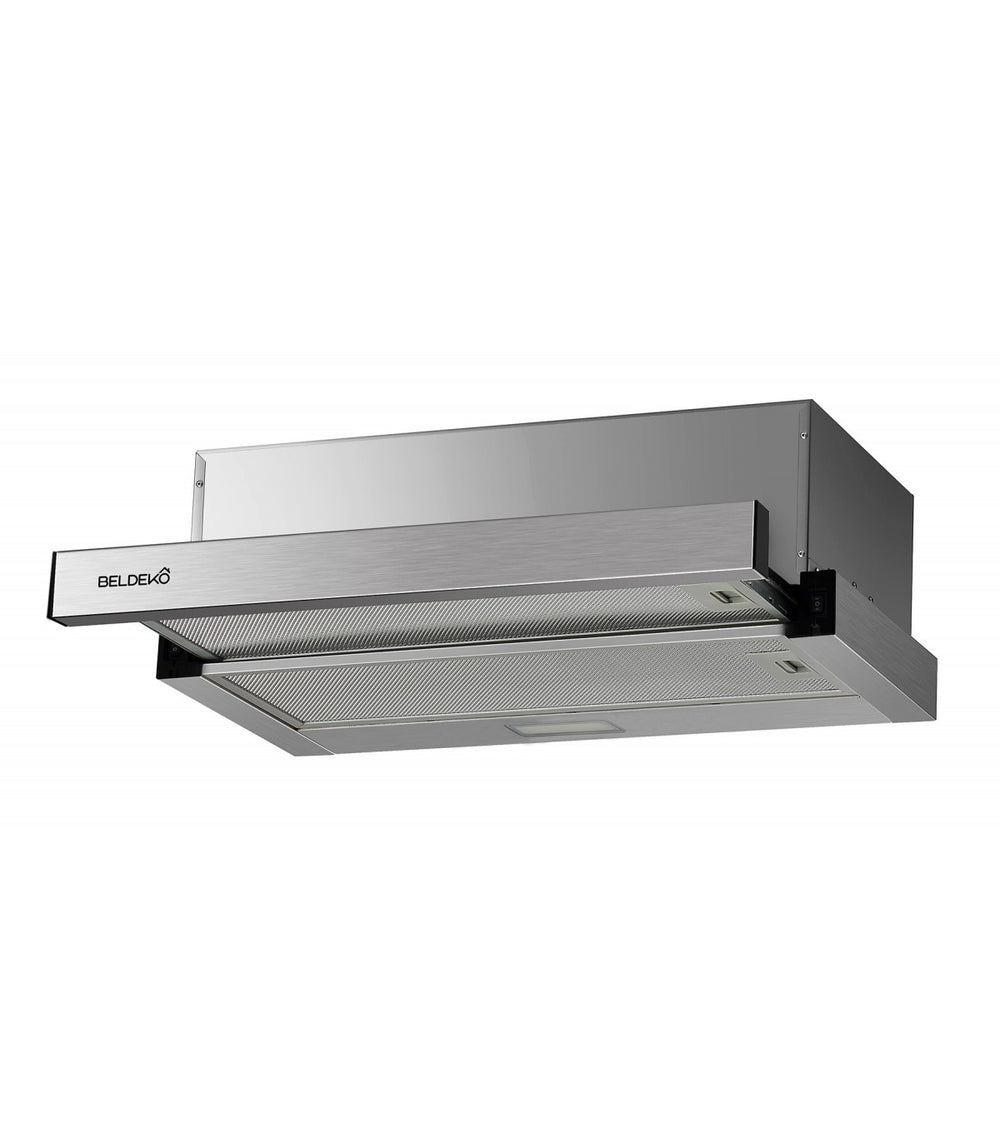 Hotte tiroir télescopique escamotable inox 60 cm, débit 354 m³/h, cuisine contemporaine