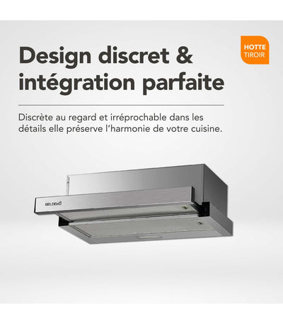 Hotte tiroir BELDEKO PRALYS 60 XS : Télescopique escamotable inox 60 cm, 354 m³/h, 51 dB et filtres à charbon fournis