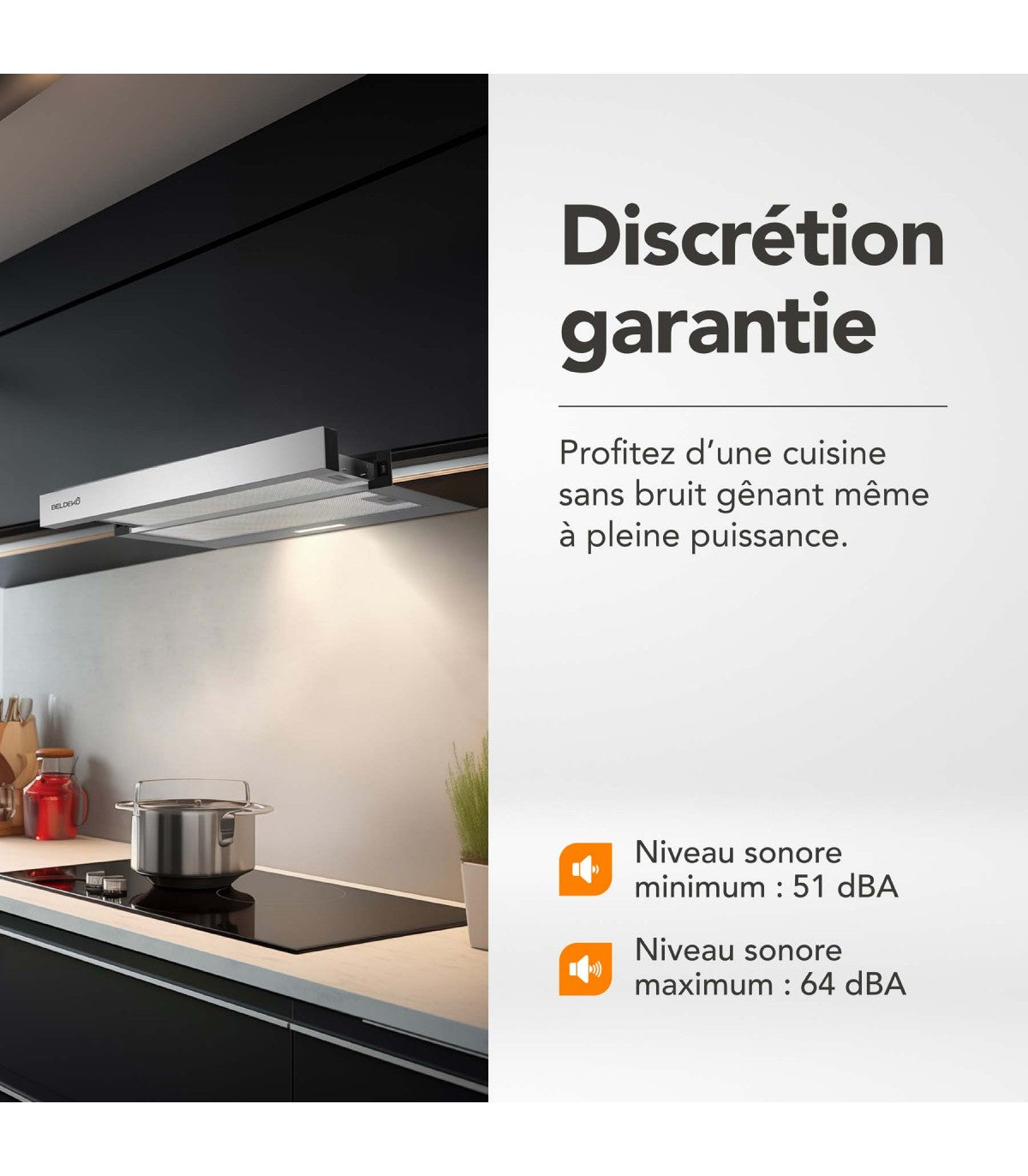 Hotte tiroir BELDEKO PRALYS 60 XS : Télescopique escamotable inox 60 cm, 354 m³/h, 51 dB et filtres à charbon fournis