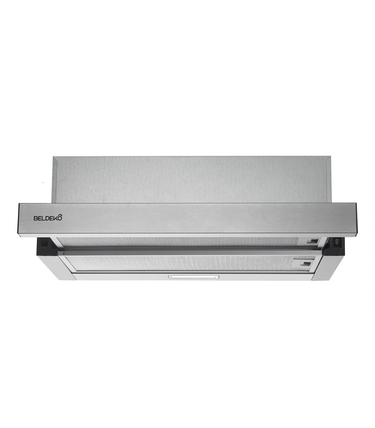 Hotte tiroir BELDEKO PRALYS 60 XS : Télescopique escamotable inox 60 cm, 354 m³/h, 51 dB et filtres à charbon fournis