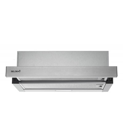 Hotte tiroir BELDEKO PRALYS 60 XS : Télescopique escamotable inox 60 cm, 354 m³/h, 51 dB et filtres à charbon fournis