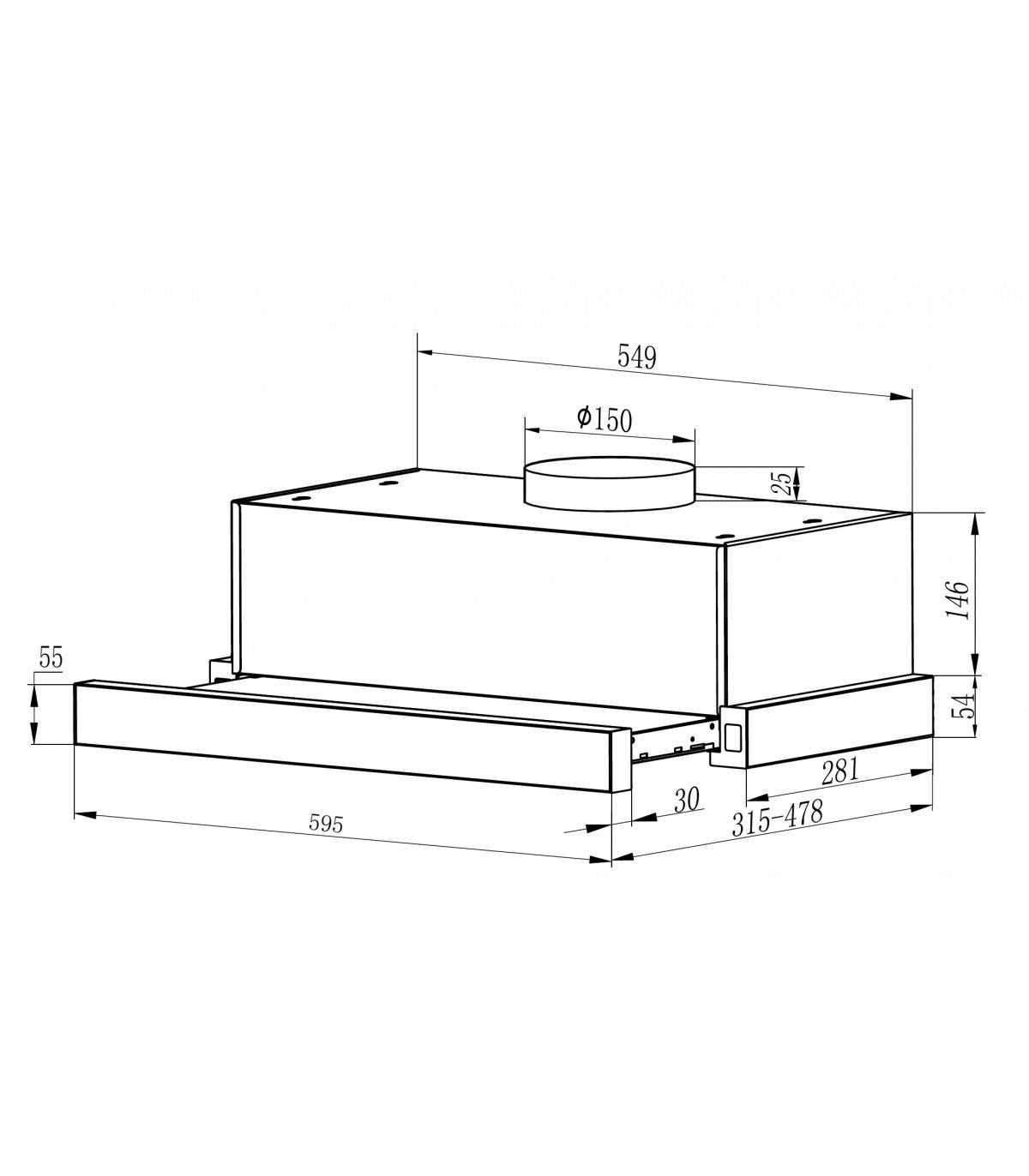 Hotte tiroir BELDEKO PRALYS 60 XS : Télescopique escamotable inox 60 cm, 354 m³/h, 51 dB et filtres à charbon fournis