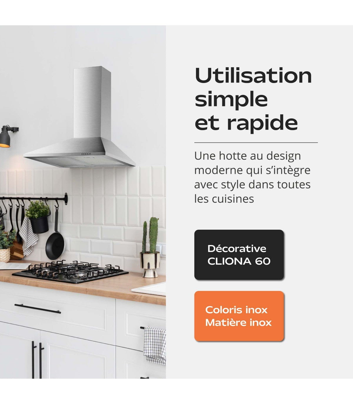 Hotte décorative murale BELDEKO CLIONA 60 XS : Trapèze inox 60 cm, 338 m³/h, classe A et filtres à charbon fournis