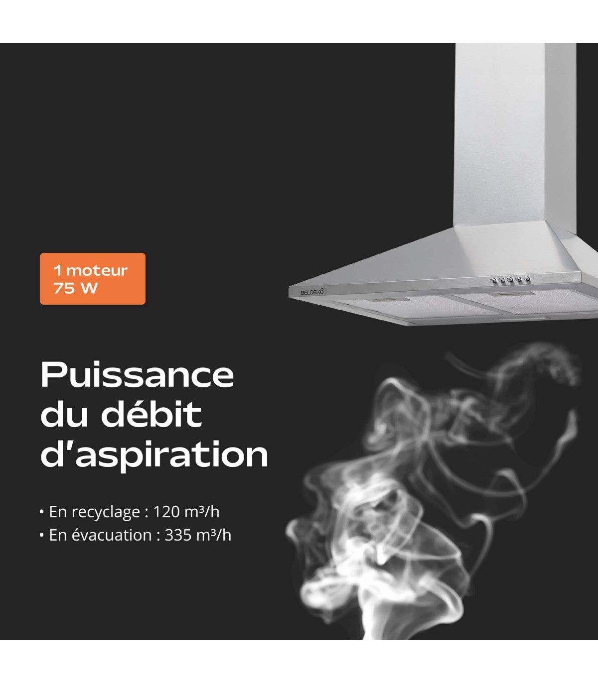 Hotte décorative murale BELDEKO CLIONA 60 XS : Trapèze inox 60 cm, 338 m³/h, classe A et filtres à charbon fournis