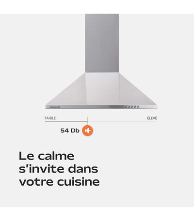 Hotte décorative murale BELDEKO CLIONA 60 XS : Trapèze inox 60 cm, 338 m³/h, classe A et filtres à charbon fournis