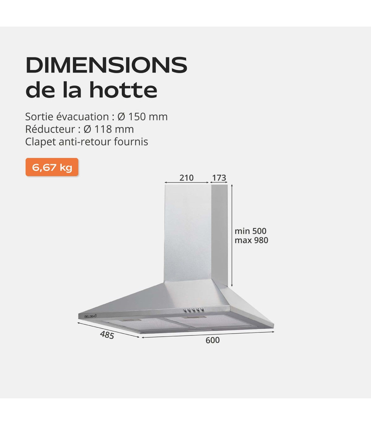 Hotte décorative murale BELDEKO CLIONA 60 XS : Trapèze inox 60 cm, 338 m³/h, classe A et filtres à charbon fournis