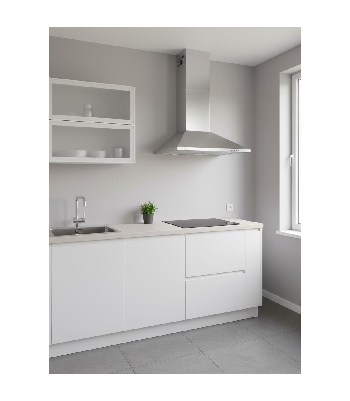 Hotte décorative murale BELDEKO CLIONA 60 XS : Trapèze inox 60 cm, 338 m³/h, classe A et filtres à charbon fournis