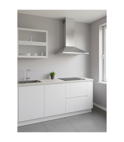 Hotte décorative murale BELDEKO CLIONA 60 XS : Trapèze inox 60 cm, 338 m³/h, classe A et filtres à charbon fournis