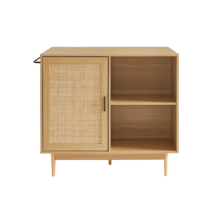 Îlot central cuisine 100cm effet chêne avec porte cannage rotin tressé, style naturel