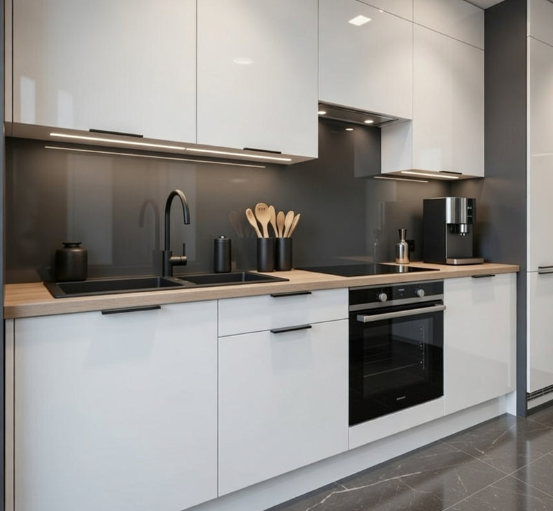 Cuisine laquée brillante Alia aux lignes épurées, façades lisses et meubles hauts assortis
