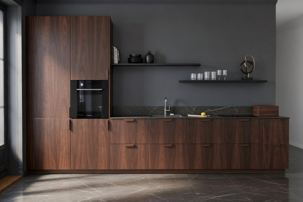 Cuisine linéaire texturée avec colonne électroménager intégrée, design épuré sur mesure