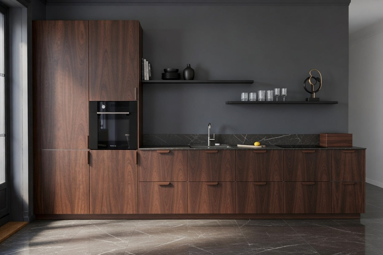 Cuisine linéaire texturée avec colonne électroménager intégrée, design épuré sur mesure