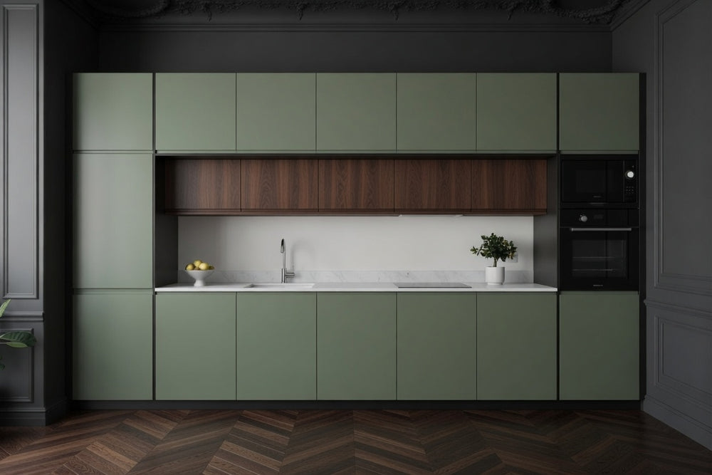 Cuisine linéaire mélaminé pleine hauteur Aria, intégrée au mur, design épuré sur mesure
