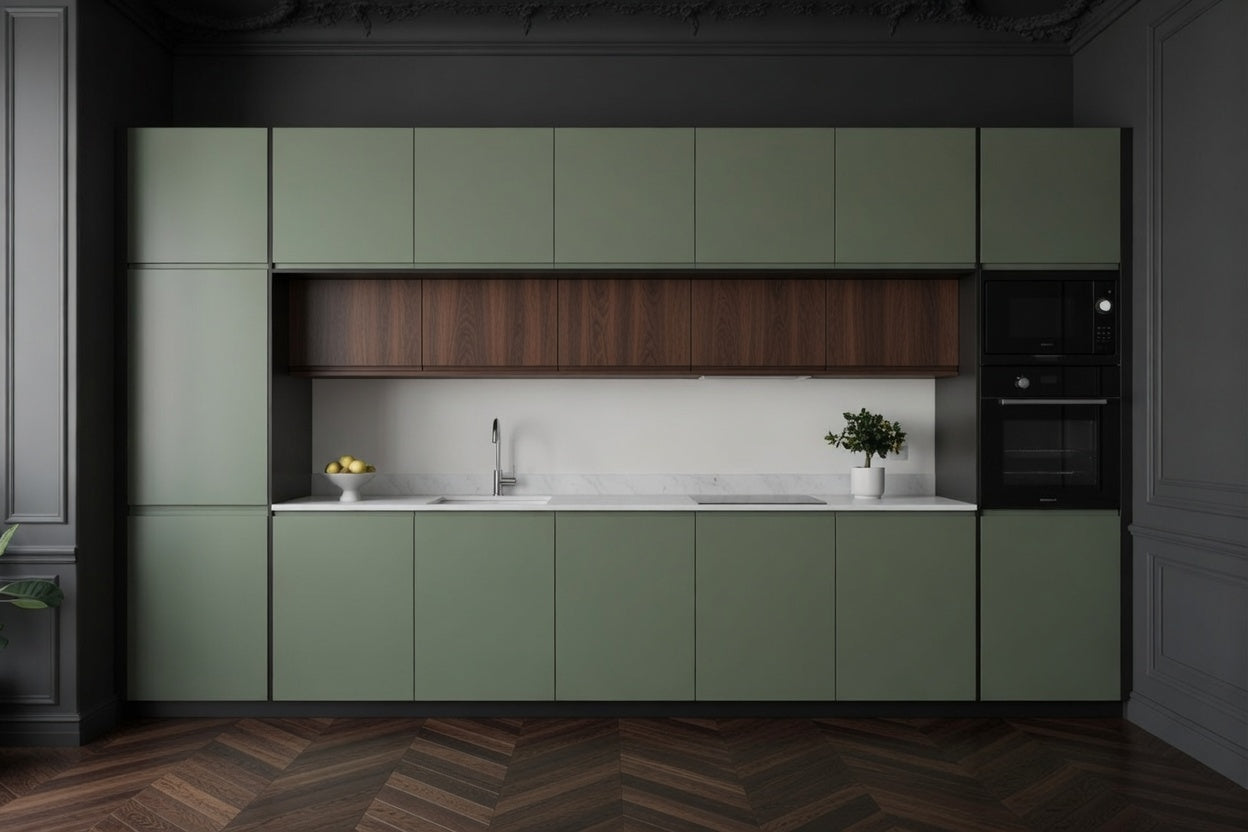 Cuisine linéaire mélaminé pleine hauteur Aria, intégrée au mur, design épuré sur mesure