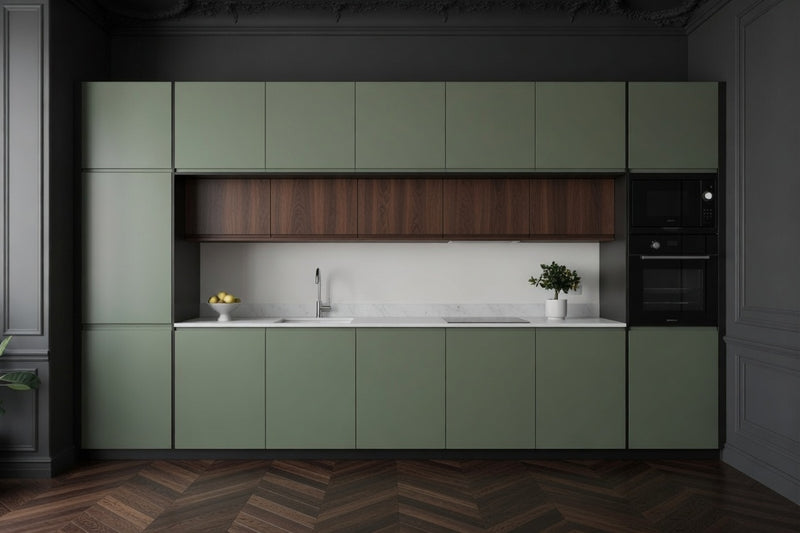 Cuisine linéaire mélaminé pleine hauteur Aria, intégrée au mur, design épuré sur mesure