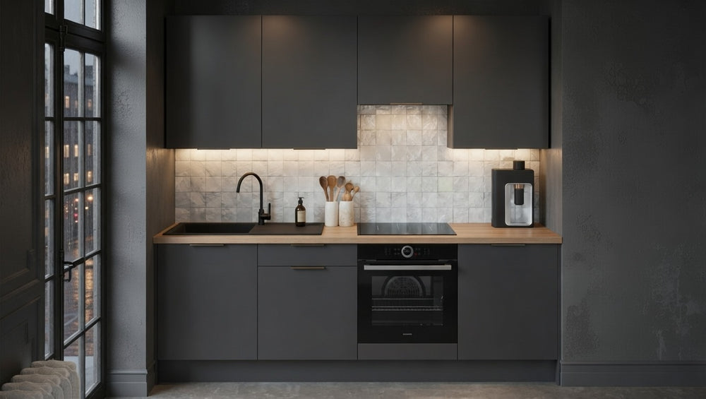 Cuisine complète mélaminé façades lisses et meubles hauts, design sobre et épuré sur mesure