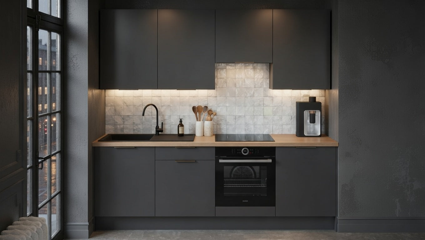 Cuisine complète mélaminé façades lisses et meubles hauts, design sobre et épuré sur mesure
