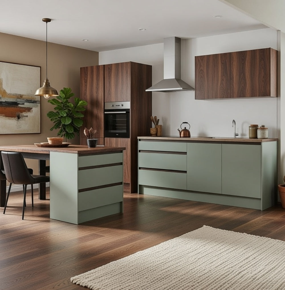 Cuisine avec îlot central mélaminé, colonne four intégrée, design épuré sur mesure