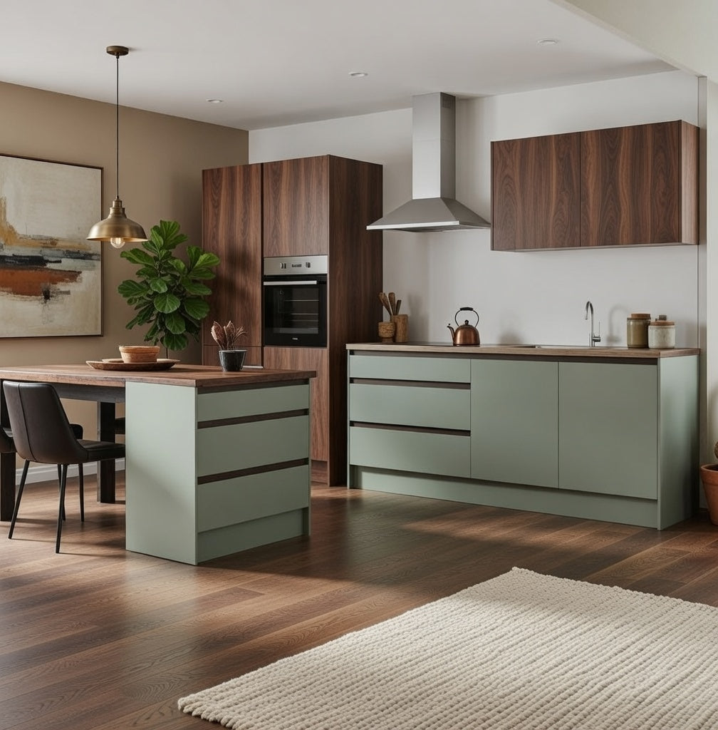 Cuisine avec îlot central mélaminé, colonne four intégrée, design épuré sur mesure