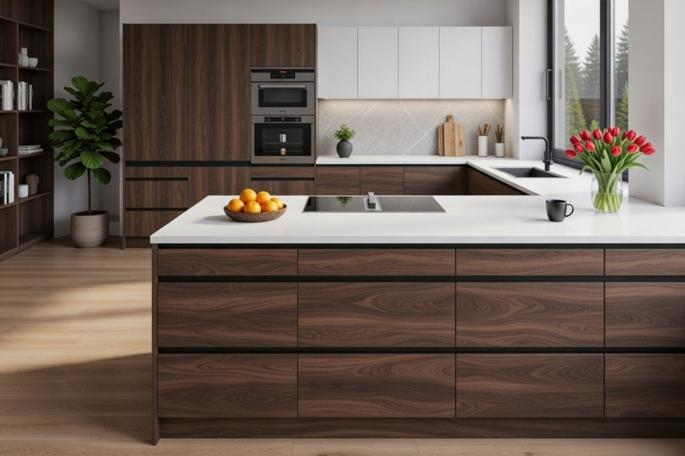 Cuisine avec îlot central sans poignées, façades texturées contemporaines sur mesure