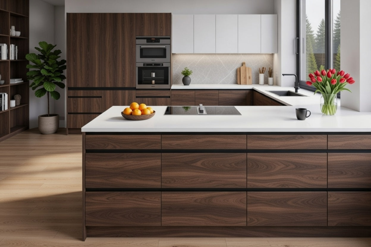 Cuisine avec îlot central sans poignées, façades texturées contemporaines sur mesure