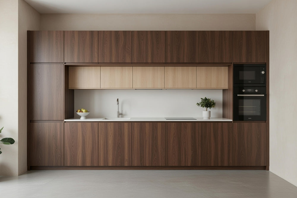 Cuisine linéaire pleine hauteur texturée, implantation épurée intégrée au mur