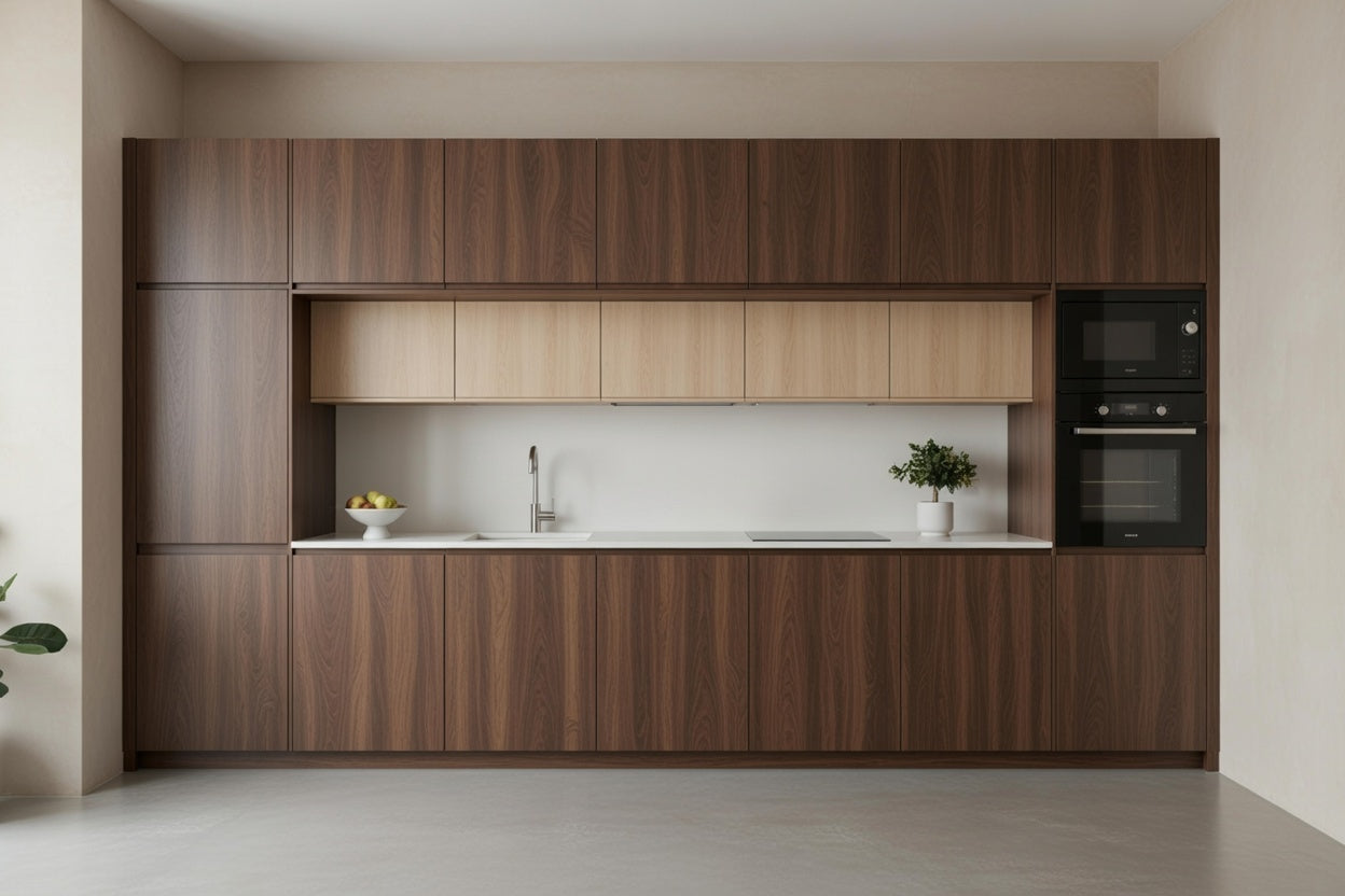 Cuisine linéaire pleine hauteur texturée, implantation épurée intégrée au mur