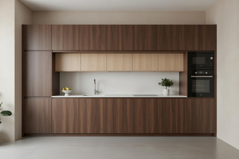 Cuisine linéaire pleine hauteur texturée, implantation épurée intégrée au mur