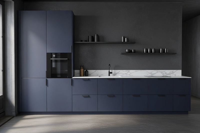 Cuisine linéaire laquée mate moderne, colonne électroménagère intégrée, fabrication française sur mesure