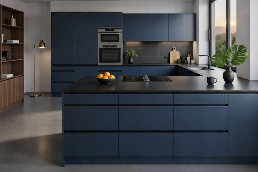 Cuisine avec îlot central sans poignées, laqué mat, design contemporain épuré