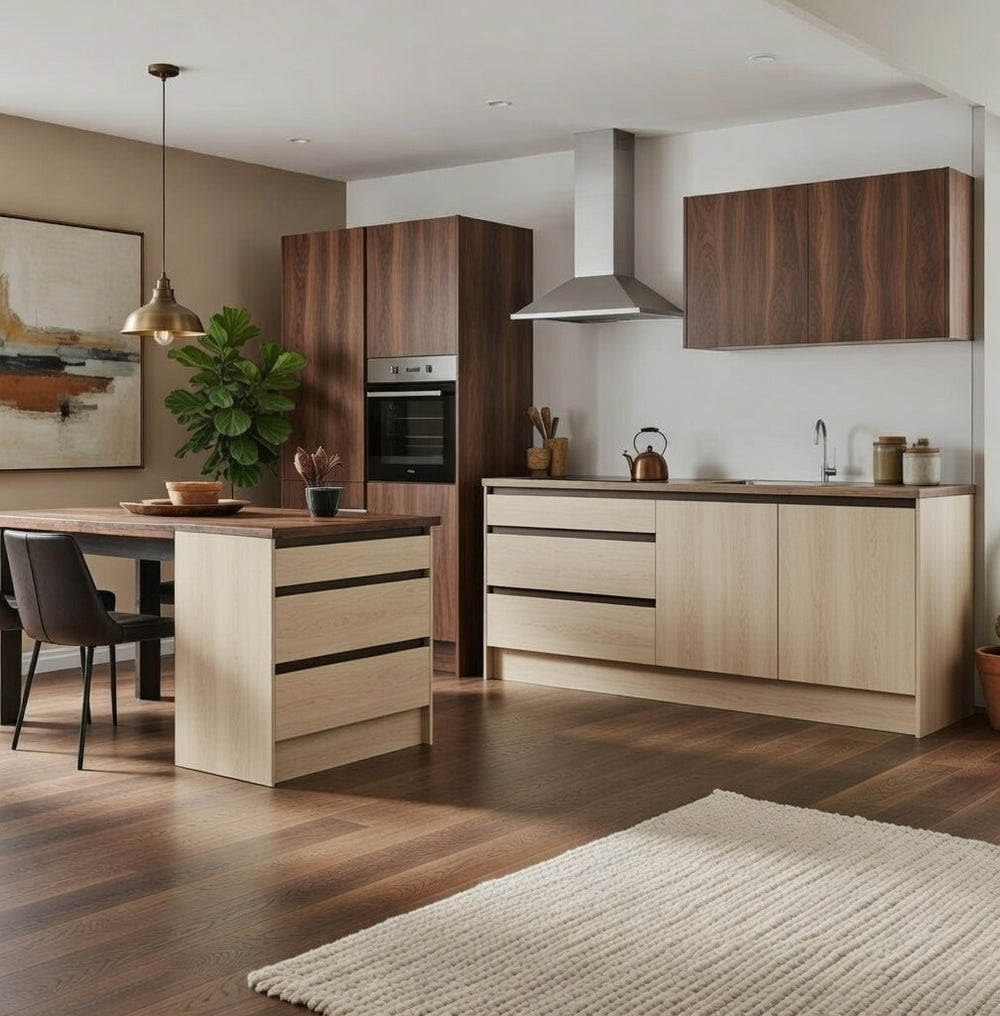 Cuisine avec îlot central texturé, colonne four intégrée, ensemble organisé sur mesure