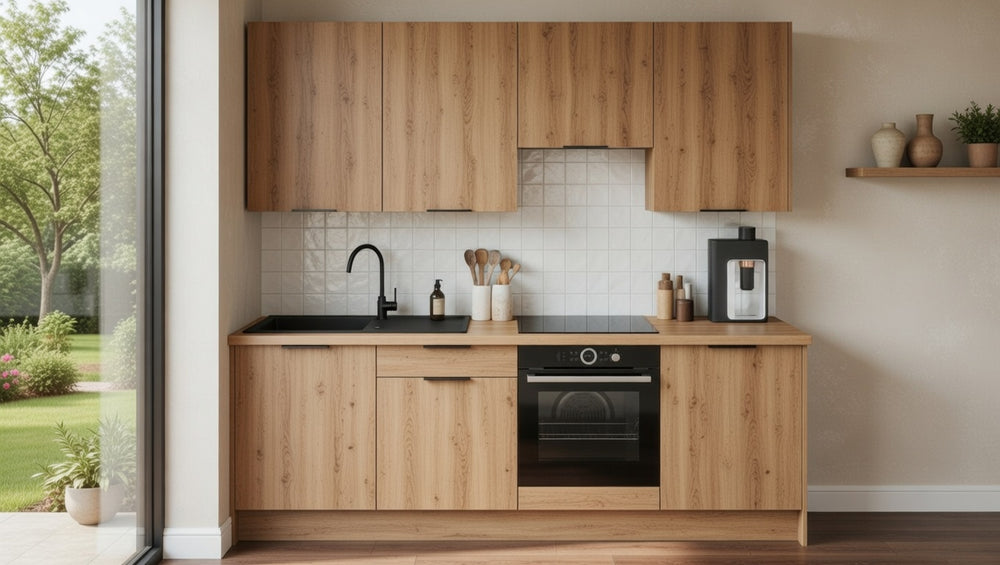 Cuisine équipée Alia texturée, façades lisses et meubles hauts, design épuré sur mesure